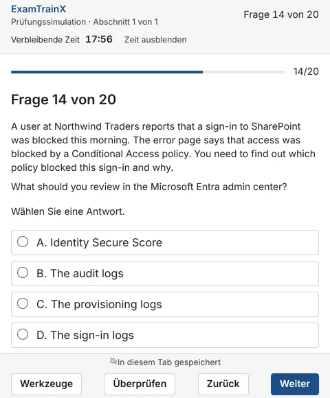 Screenshot des ExamTrainX-Prüfungsplayers in einer Prüfungssimulation: eine Frage mit vier Antwortoptionen, die verbleibende Zeit und die Navigationsschaltflächen