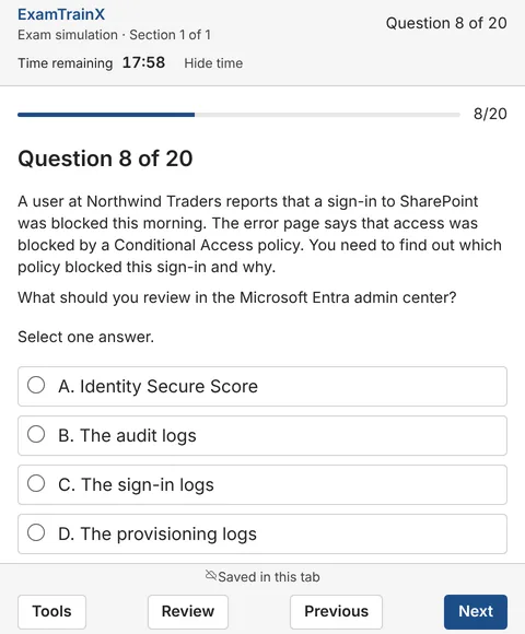 Screenshot of the ExamTrainX exam player in an exam simulation: a question with four answer options, the time remaining and the navigation buttons
