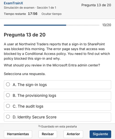 Captura de pantalla del reproductor de exámenes de ExamTrainX en una simulación de examen: una pregunta con cuatro opciones de respuesta, el tiempo restante y los botones de navegación