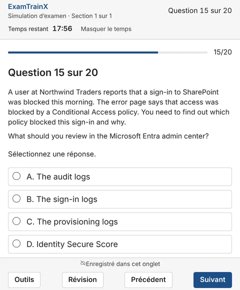 Capture d’écran du lecteur d’examen ExamTrainX pendant une simulation d’examen : une question avec quatre réponses possibles, le temps restant et les boutons de navigation